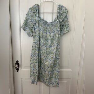 J. Crew Liberty Blue and Green Smocked Dress, Size Large. NWOT